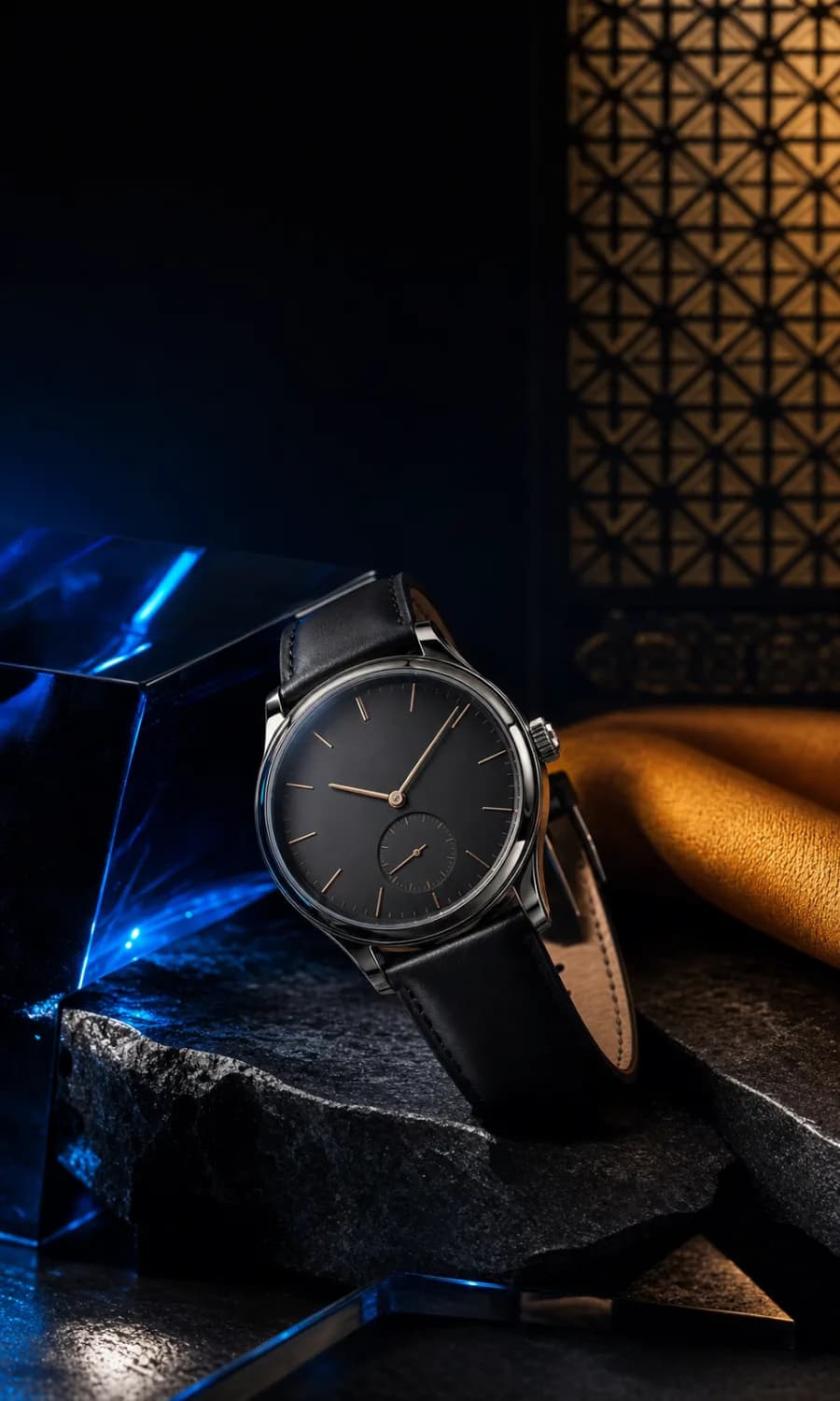 Premium mahsulot reklamasi uchun yoritilgan soat